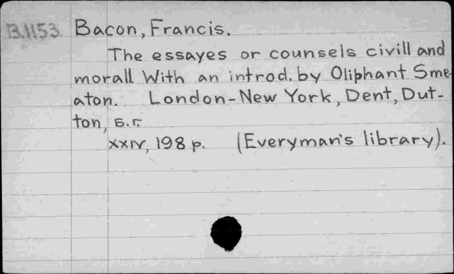 ﻿3B^con,Francis.
The Qsscxyes or counsels civiU owd wiorpdl W’rVhi infrod. by	Snnt-
^"ton. London-New York j Den^Dut-_ ton, b.c
xxiv, 193 p. (Everymen’s Ubrexry).